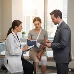 Injured client at doctor's office with injury attorney after a catastrophic accident